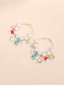 Faux Pearl Marine Life Necklace And Earring Set, With Assorted Charms - Starfish, Shell, Turtle, Mushroom Jewelry Set