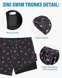 Bañador de hombre con forro de compresión, pantalón corto de baño de 5 pulgadas de entrepierna para hombres - Negro tropical - Ver 6