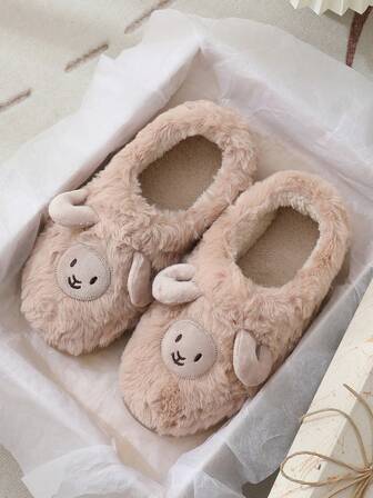 Winter Closed-Toe House Slippers For Women, Couples & Girls, Cute Cartoon Lamb Plush, Warm, Non-Slip, Suitable For Postpartum Months