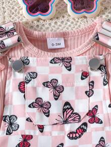 2pcs/Set Baby Girl Cute Short Sleeve Romper + Suspender Shorts Set, Lightweight Summer Outfit - Pink - View 4
