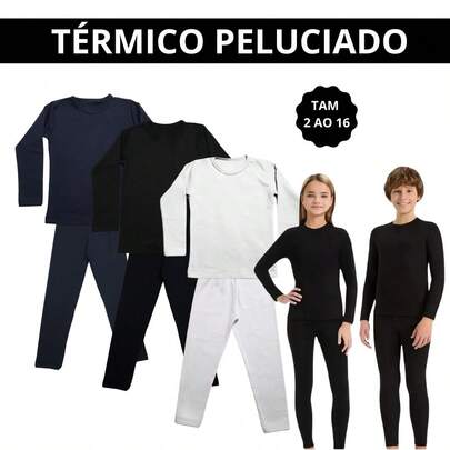 Kit 2 Conjuntos Térmico Infantil Segunda Pele Infantil Flanelado Liso Inverno 2 ao 16