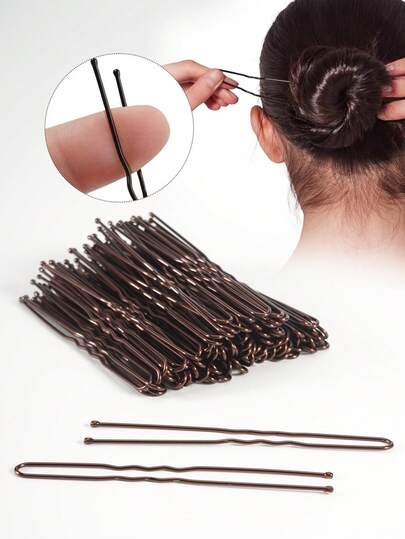 100pcs Brown Metal Solid Casual U-Shaped Hair Pin For Women And Girls, 5/6/7cm Wavy French Pin For Updos And Buns, Non-Slip Hair Clips For All Hair Types, Suitable For Daily Use And Hair Styling, Set, Hair Accessories, Head Accessories, Hair Accessories For Women, Hairpin