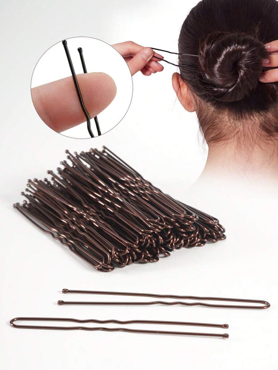 100pcs Brown Metal Solid Casual U-Shaped Hair Pin For Women And Girls, 5/6/7cm Wavy French Pin For Updos And Buns, Non-Slip Hair Clips For All Hair Types, Suitable For Daily Use And Hair Styling, Set, Hair Accessories, Head Accessories, Hair Accessories For Women, Hairpin,Travel,Party - Brown - View 1