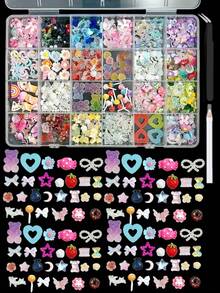 1Box Random Mixed ABS Colorful Flowers Nail Charms Cartoon Bowknot Heart Crescent 3D Cute Rainbow Candy Bear Suitable For Girls' Daily Dates  Nail Art Accessories DIY