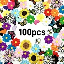 100pcs Assorted Embroidered Iron-On Patches - Butterfly & Daisy Designs For DIY Clothing, Bags, Hats, Jackets - Sewing Appliques In Various Colors