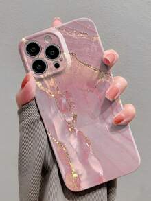 1pc Creative Marble Patterned Gold Plating Perforated Glossy Plastic Hard Phone Case Cover Compatible With Iphone 11/12/13/14/15/16 Pro Max Waterproof Shockproof Anti-Fall Scratch Resistant - Multicolor - View 1