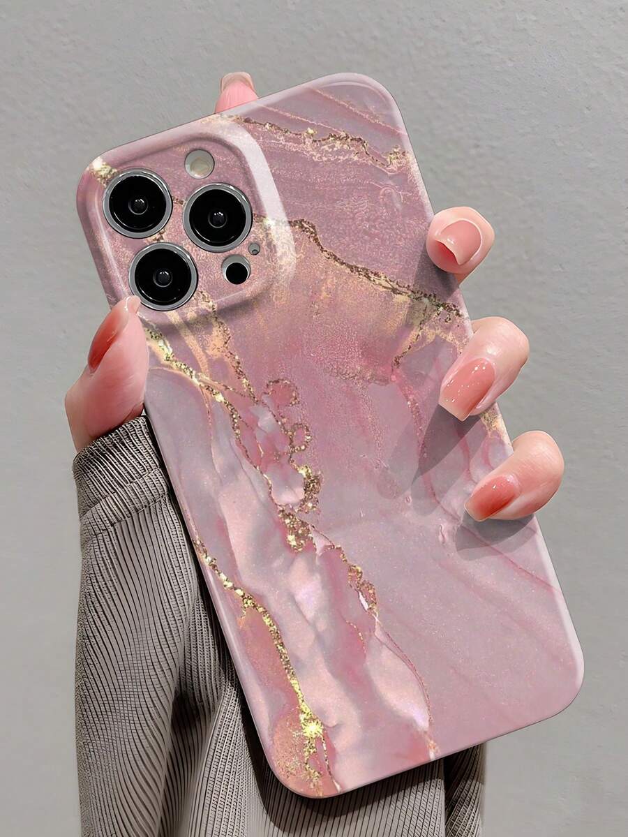 1pc Creative Marble Patterned Gold Plating Perforated Glossy Plastic Hard Phone Case Cover Compatible With Iphone 11/12/13/14/15/16 Pro Max Waterproof Shockproof Anti-Fall Scratch Resistant - Multicolor - View 1