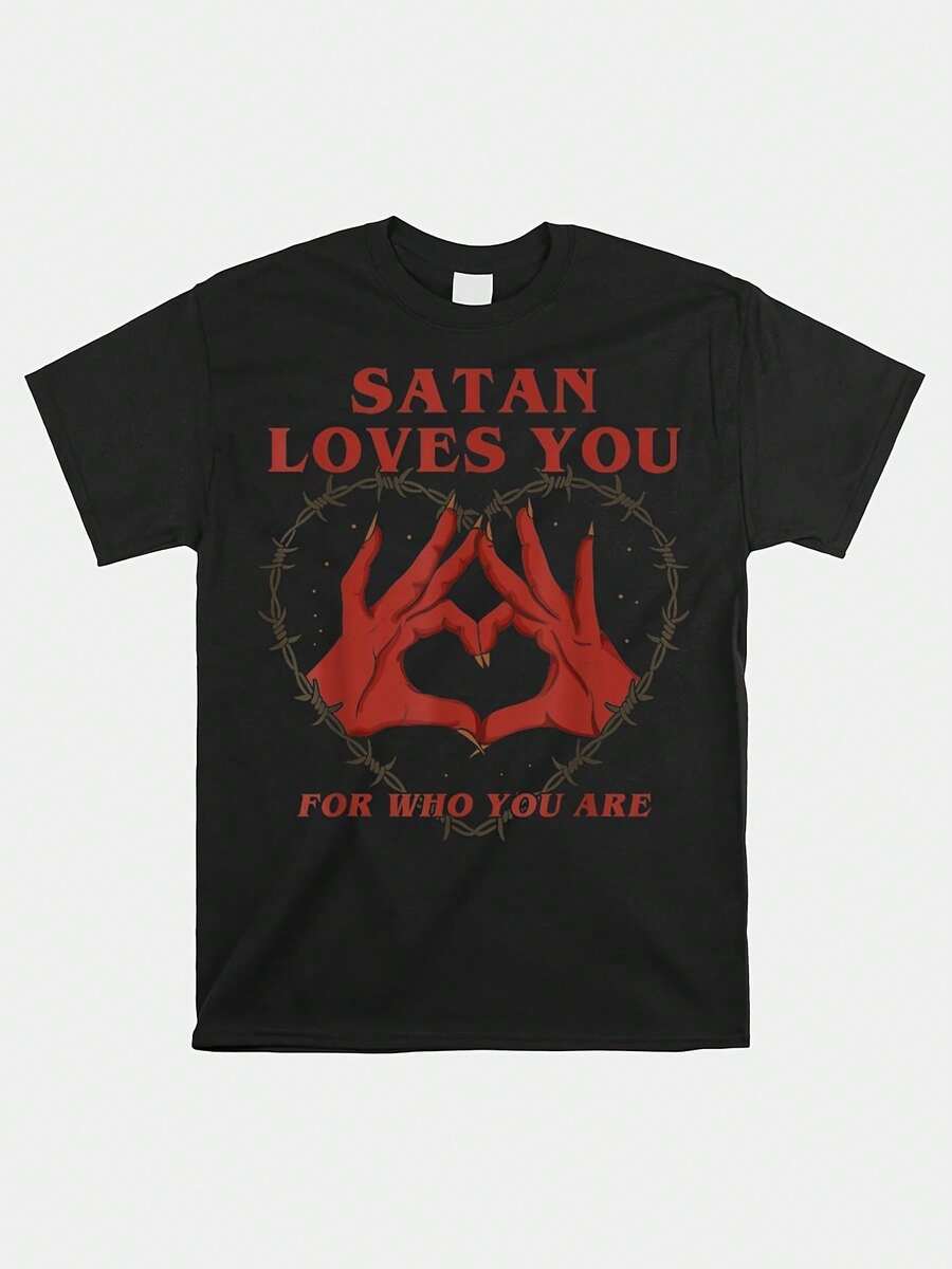 Satan Loves You" Men's Cotton T-Shirt - Casual Short Sleeve, Geometric Print, Breathable & Soft For Summer - màu đen - Xem 1