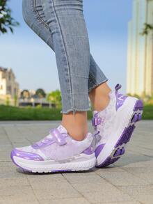 Boys/Girls/Teens Minimalist Hook & Loop Roller Skates, Quick Sliding, Convenient Slip-On/Off 4-Wheel Design, Detachable, Casual Sports Shoes - Purple - View 4