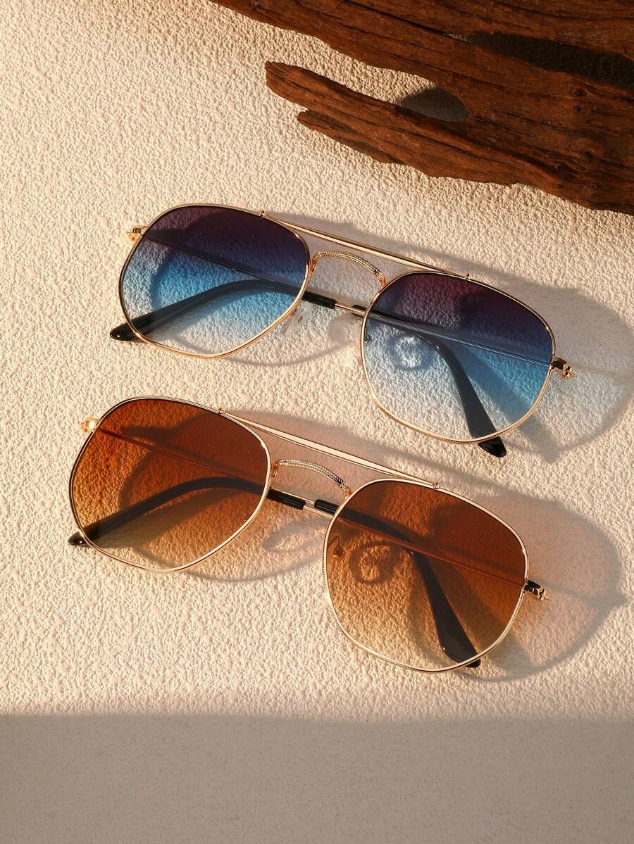 2pcs Men Retro Double-Bridge Metal Aviator Eyeglasses, Fashion - Multicolor - View 1