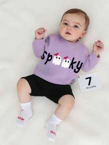 Toddler Baby Girls Halloween Knit Sweater Long Sleeve Letter Ghost Embroidery Crewneck Pullover Sweater Tops Infant Halloween Clothes - Màu tím - Xem 4