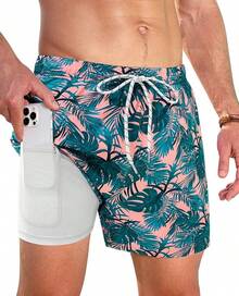 Swim Trunks Mens 5 Inch Inseam Compression Liner Short Men Bathing Suit Lined Swimming Shorts Men's Swim Suits - 夏威夷葉 - 查看 1