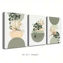 3pcs Bohemian Wall Arts Abstract Beige & Green Plant Eucalyptus Geometric Wall Art Posters, Green Medieval Modern Botanical Bohemian Wall Decor, Ideal Gift For Bedroom, Living Room, Hallway, Mint Green Geometric. Optional Frame