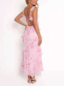 Women Floral Ruffle Maxi Dress Y2k Lace Tiered Spaghetti Strap Cami Long Dresses Flowy Summer Beach Sundress - 粉色 - 查看 7