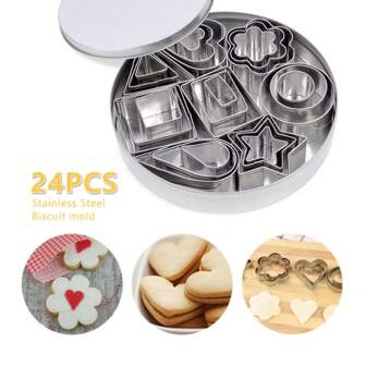 Set di 24/30 pezzi di formine geometriche in acciaio inossidabile per biscotti con scatola di conservazione, a forma di quadrato, cuore, triangolo, cerchio, fiore, stella, adatte per tagliare pasta, impasto, torte, frutta, caramelle, argilla, ideali per Pasqua, pranzi bento per il ritorno a scuola, decorazioni per torte di compleanni