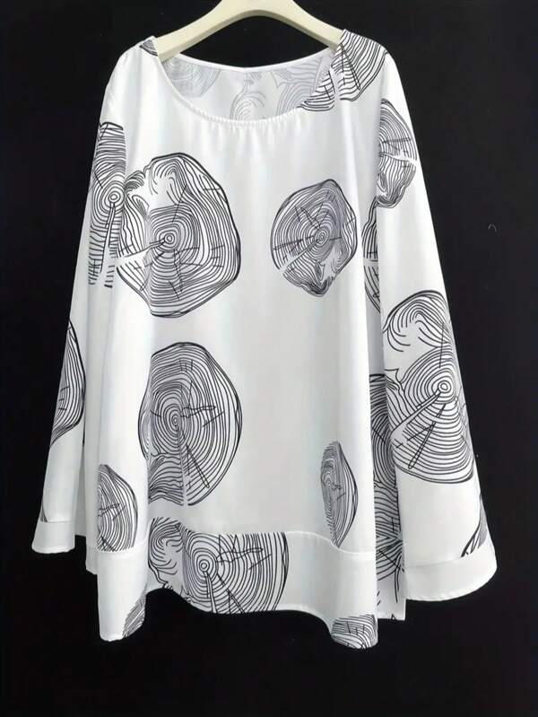 Plus Size Casual Everyday Tree Stump Print Round Neck Loose Blouse