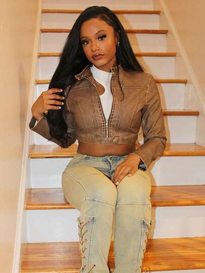 Steph T Women's Zippered Cropped Fall Clothes Women Jacket Ladies Late Fall Casual Zipper Regular Sleeve Stand Collar Regular Fit Coffee Brown Plain Women Jackets Casual Daily Wear Fashion Lightweight Outerwear