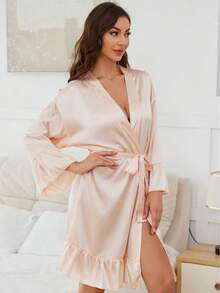 1pc Personalized Bathrobe For Women Sexy Satin Kimono Short Dress 3/4 Nightgown For Bride,Bathrobe Kimono Robe For Women Silky Bridesmaid Robe Set Wedding Robe Sleepwear Bride Robe V Neck,Wedding,Wedding Accessories,Bridesmaid Gifts. - Multicolor - View 4