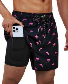 Bañador de hombre con forro de compresión, pantalón corto de baño de 5 pulgadas de entrepierna para hombres - Negro tropical - Ver 1