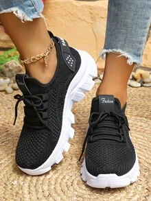 Zapatillas deportivas ligeras para mujer, zapatillas de tenis al aire libre con cordones transpirables, zapatos cómodos para caminar y hacer deporte por YQUS - Negro - Ver 7