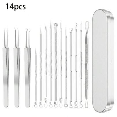 一套黑头去除工具、面部清洁工具、不锈钢祛痘和祛痘工具 - 专业祛痘挤压器套装，适合所有肤质，带便携包 - 无香型面部护理工具