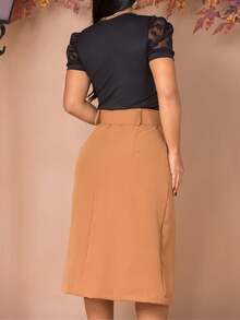 Women's Elegant Tailored Midi Skirt With Belt And Pocket Evangelical Fashion - 卡其色 - 查看 2