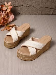 Sandálias Plataforma Femininas Versáteis com Tiras Cruzadas, Sandálias de Solado Grosso Antiderrapante e Impermeável, Salto Anabela para Festa, Férias, Confortáveis e Leves, Sapatos de Praia de Salto Alto, Plus Size - Branco - Visão 5