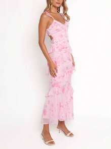 Women Floral Ruffle Maxi Dress Y2k Lace Tiered Spaghetti Strap Cami Long Dresses Flowy Summer Beach Sundress - 粉色 - 查看 5