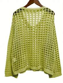 Suéter de punto de unicolor de talla grande, estilo europeo y americano, manga larga, de punto hueco, cubierta casual de playa, primavera/verano - Amarillo Verde - Ver 4