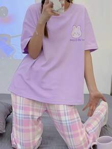 Teenager Girls Short Sleeve Top And Pants Set, Cartoon Rabbit Print Crew Neck Summer Outfit