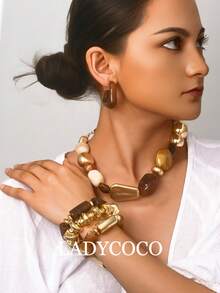 LADYCOCO 6pcs Set Retro Bohemian Exaggerated Resin Beaded Necklace & Bracelet, Suitable For Women - Earrings/Necklace/Bracelet Set - View 6