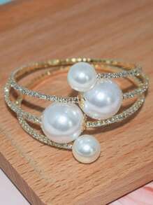 1 pièce Bracelet Manchette avec 3 rangées de perles et de strass sertis, Bracelet polyvalent en cristal