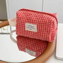 3pcs Red Plaid Makeup Bag Set, Large Capacity Cosmetic Organizer Pouch, Quilted Toiletry Bag,Back To School,Bedroom Room Decor,Back To School - Red - View 5