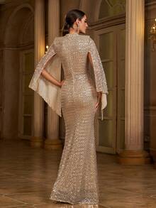 Missord 亮片開衩袖魚尾裙下擺緊身連衣裙 - 香檳色 - 查看 2