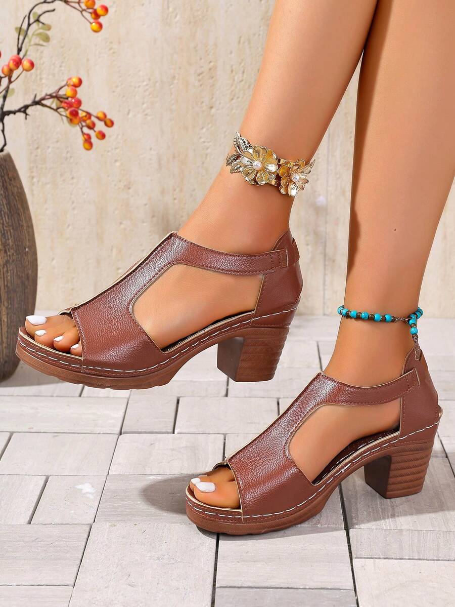 Zapatos de mujer de unicolor con estilo bohemio y retro, sandalias de tacón alto azules para damas, sandalias de tacón grueso