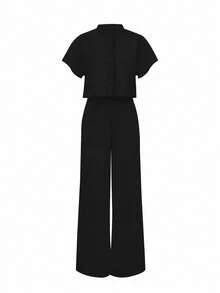 2pcs Women Summer Solid Collarless Short Sleeve Blouse + Elegant Wide Leg Long Pants Set - Black - View 2