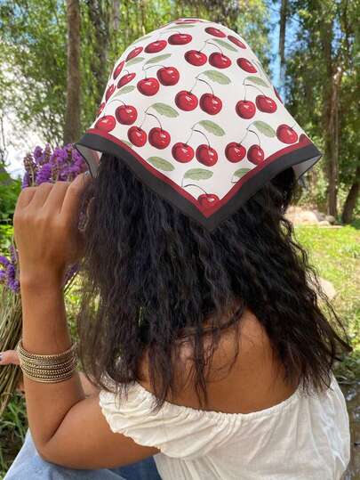 1 件田园风可爱樱桃印花白色背景头巾时尚发饰