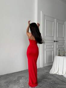 Women's Solid Color Elegant Backless Split Ruffle Hem Dress, Formal Wedding Party Evening Gown - Red - View 3