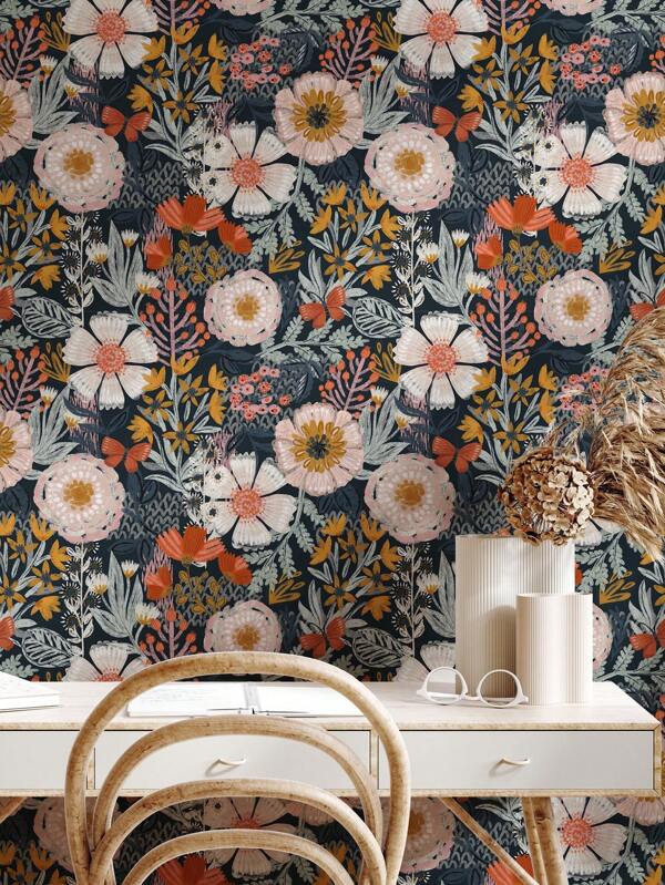 Daisy Flower Wall Mural Self Adhesive Removable Wallpaper Wildflower White/Orange/Yellow Floral With Butterflies Room Peel And Stick Wallpaper Wall Paper Wall Stickers Room Decor Wall Decor Wall Sticker