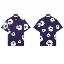 New Men's Women's Same Casual Loose Kapok Foam Printing Short-Sleeved T-Shirt With Shorts Set  Floral  All Over Print  Casual   Vestidos De Verano - 藏青短袖 - 查看 2