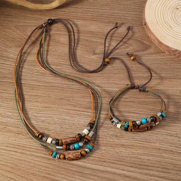 2pcs Fashion 3-Layer Waxed Cord, Mixed Materials Wooden Bead, Imitated Gemstone, Metal Beaded Floral Pendant Necklace & Bracelet Set. Boho, Party, Beach, Daily Versatile Decoration Set, Suitable For Couples Gift