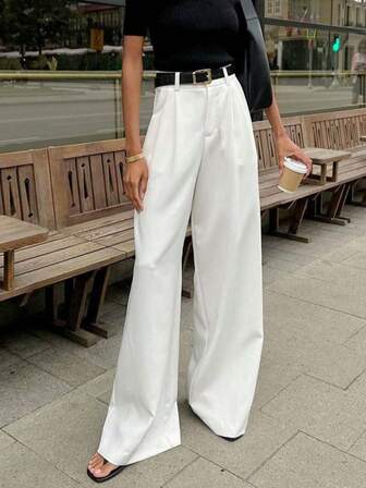Women's High Waist Loose Business Casual Elegant Resort White Pants, Korean Style, No Belt, (Recommend Ordering One Size Down As It Runs Large)