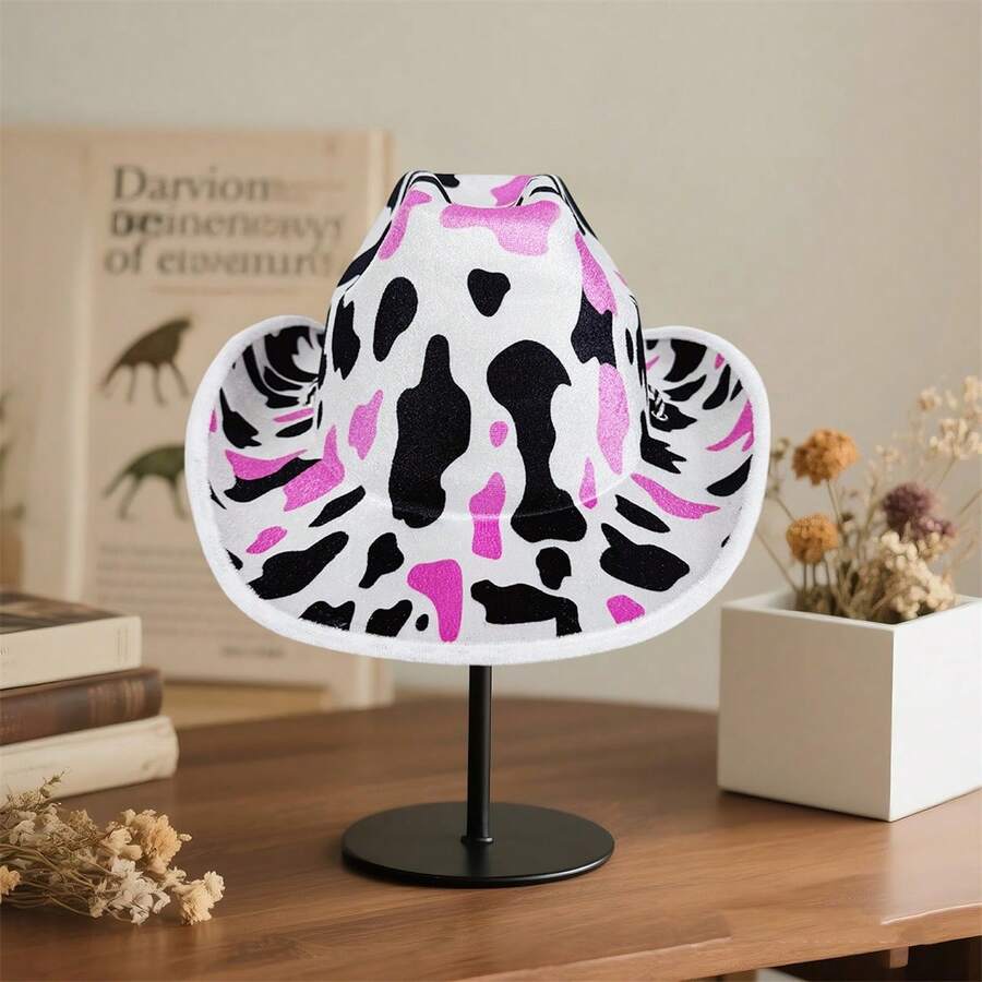 Women Men Summer Sun Hat Breathable Foldable Sun Protection Cow Print Cowgirl Hat Holiday Beach Cap - Black - View 1
