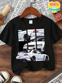 4-15 years old boys' T-shirts + cotton T-shirt + shipped from Mexico + high-quality breathable fabric + sport short-sleeve round-neck casual boy T-shirt + boys' summer round-neck short-sleeve T-shirt cotton printed top White Cars - Negro - Ver 1