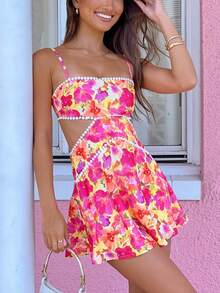 Women's Boho Floral Cut Out Cami Mini Dress Spaghetti Strap Hollow Out Flowy Slip Short Dress Summer Backless Sleeveless Casual Going Out Dresses Beach Vacation Sundress - 彩色 - 查看 1