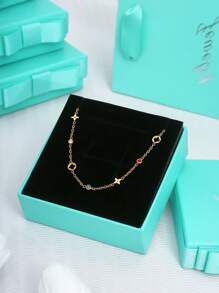 1pc Elegant Luxury Minimalist Hollow Four-Leaf Flower Inlaid Colorful Crystal Stainless Steel 18K Gold Plated Necklace And Bracelet Jewelry Set, Suitable For Daily, Work, Banquet, Party Wear, Gift For Friends, Lovers, Classmates
