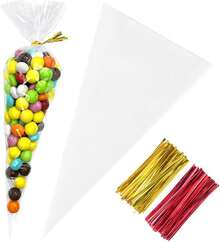 Bolsas de celofán con forma de cono, 5 x 10 pulgadas, 200 piezas, bolsas de plástico con forma de cono para palomitas, fiestas, bolsas de golosinas con lazos retorcidos - 6,3 x 11,8 pulgadas (paquete de 200) - Ver 8