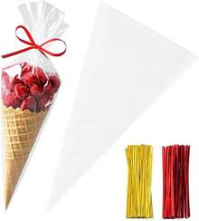 Bolsas de celofán con forma de cono, 5 x 10 pulgadas, 200 piezas, bolsas de plástico con forma de cono para palomitas, fiestas, bolsas de golosinas con lazos retorcidos - 6,3 x 11,8 pulgadas (paquete de 200) - Ver 1
