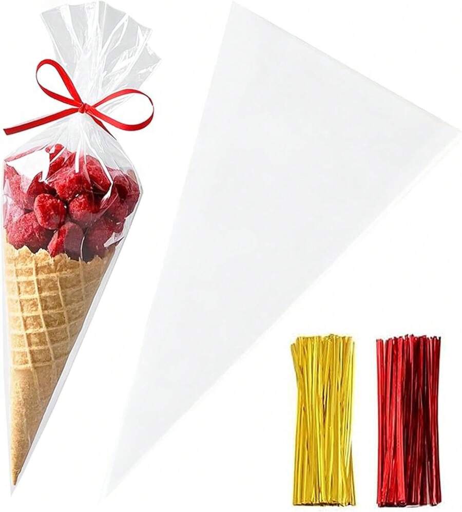 Bolsas de celofán con forma de cono, 5 x 10 pulgadas, 200 piezas, bolsas de plástico con forma de cono para palomitas, fiestas, bolsas de golosinas con lazos retorcidos - 6,3 x 11,8 pulgadas (paquete de 200) - Ver 1