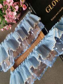 1 Yard Blue Double Layer Pleated Dot Mesh Lace Fabric Ribbon Silk Diy Gift Wrapping Material, For Women - Blue - View 1